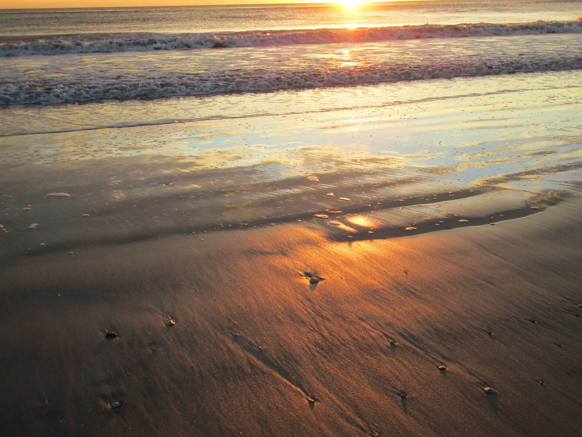 ocean sunset reflecting golden on the sand