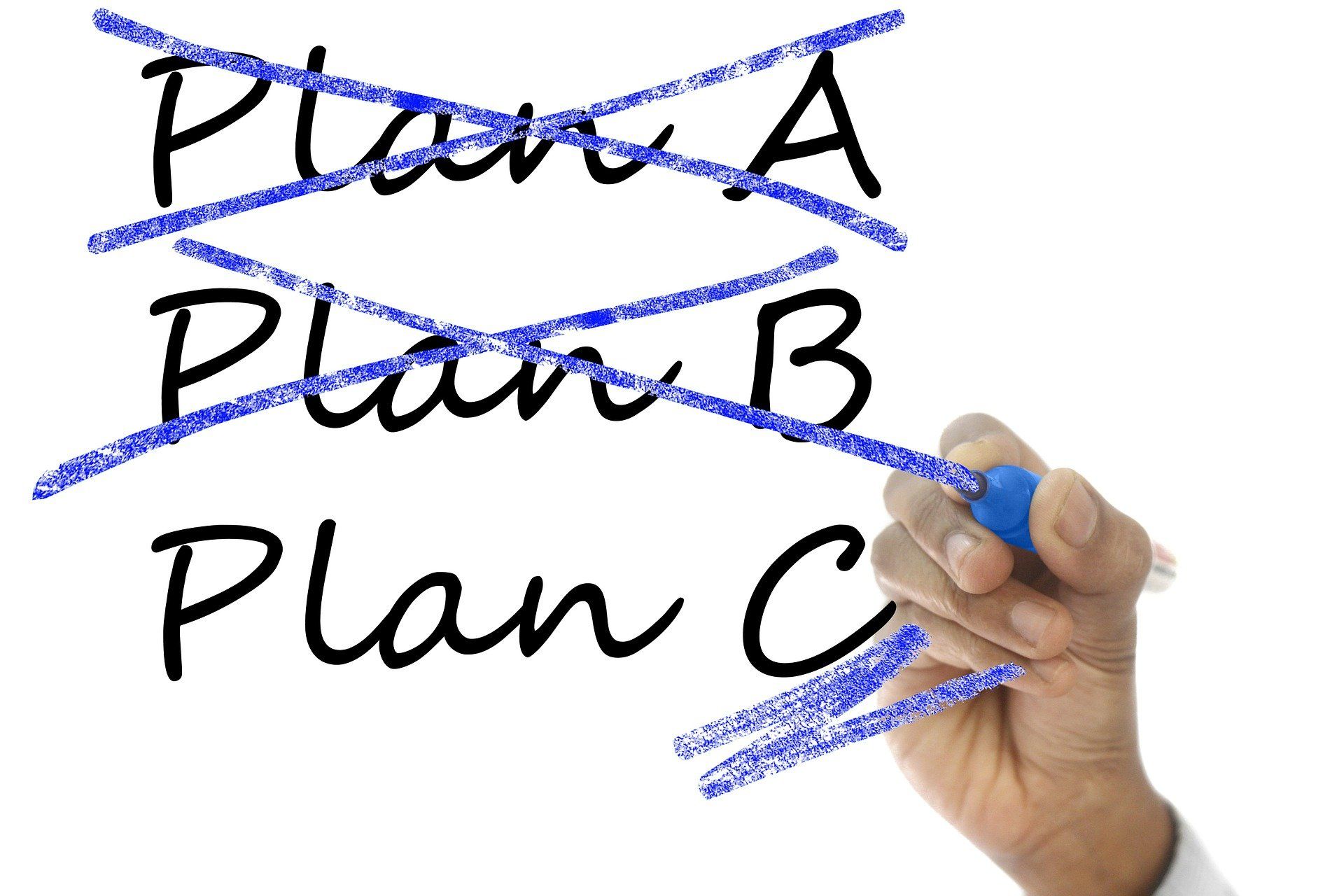 A list of Plan A and B crossed out, Plan C chosen.
